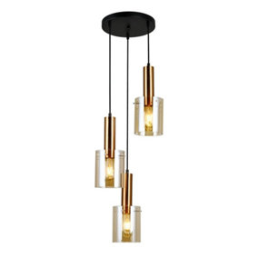 Luminosa Modern Hanging Pendant Brass 3 Light  with Amber Shade, E27