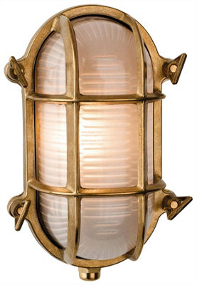 Luminosa Nautic 1 Light Outdoor Bulkhead Wall, Flush Light Brass, Frosted Glass IP64, E27