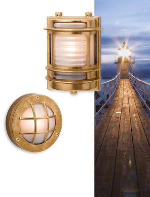 Luminosa Nautic 1 Light Outdoor Wall, Flush Light Brass, Frosted Glass IP64, G9