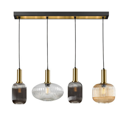 Luminosa Norma 4 Light Bar Pendant Ceiling Light Black, Brass, 3 Crystal Shades, E27