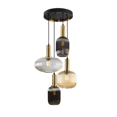 Luminosa Norma 4 Light Cluster Pendant Ceiling Light Black, Brass, 3 Crystal Tones, E27 - UK STOCK