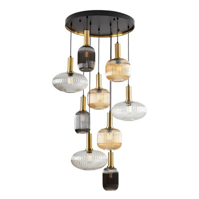 Luminosa Norma 9 Light Cluster Pendant Ceiling Light Black, Brass, 3 Crystal Tones, E27 - UK STOCK