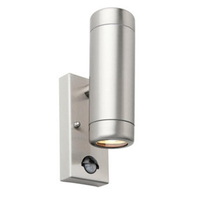 Luminosa Odyssey PIR Motion Sensor Up Down Wall Lamp Brushed Stainless Steel & Clear Glass IP44