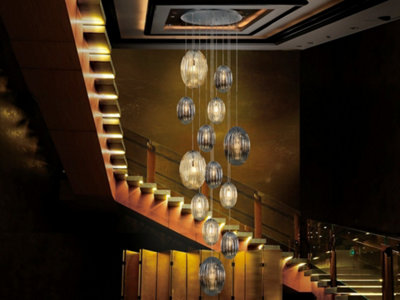 Luminosa Ovila Modern Cluster Drop 13 Light LED Pendant Light, Oval Smoke & Cognac Shades