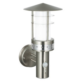 Luminosa Pagoda PIR 1 Light Outdoor Wall Light Brushed Stainless Steel, Frosted Polycarbonate IP44, E27
