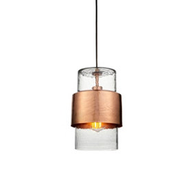 Luminosa Palermo Slim Pendant Ceiling Light Hammered Copper Plate, Textured Clear Glass