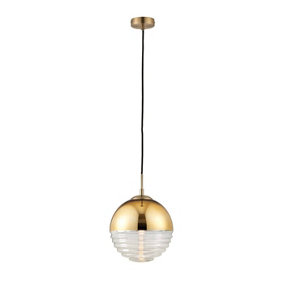 Luminosa Paloma 1 Light Globe Ceiling Pendant Clear Ribbed Glass, Gold Effect, E14