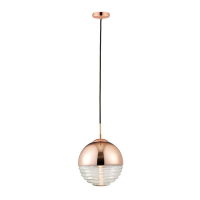 Luminosa Paloma 1 Light Globe Ceiling Pendant Copper Plated, Clear Ribbed Glass, E14