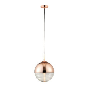 Luminosa Paloma 1 Light Globe Ceiling Pendant Copper Plated, Clear Ribbed Glass, E14