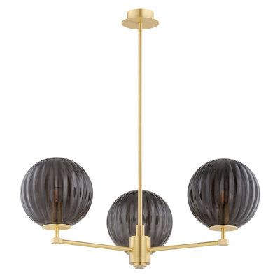 Luminosa Paloma Multi Arm Pendant Ceiling 3 Light Smoky (Fluted), Brushed Brass