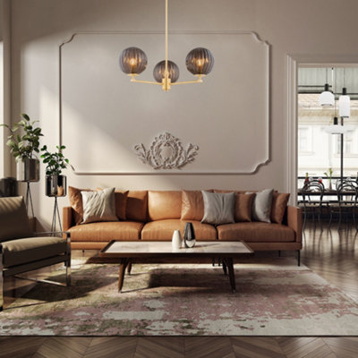 Luminosa Paloma Multi Arm Pendant Ceiling 3 Light Smoky (Fluted), Brushed Brass