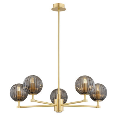 Luminosa Paloma Multi Arm Pendant Ceiling 5 Light Smoky (Fluted), Brushed Brass