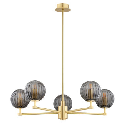 Luminosa Paloma Multi Arm Pendant Ceiling 5 Light Smoky (Fluted), Brushed Brass