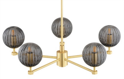 Luminosa Paloma Multi Arm Pendant Ceiling 5 Light Smoky (Fluted), Brushed Brass