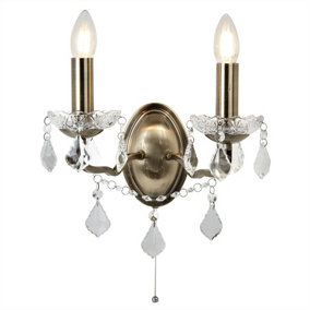 Luminosa Paris 2 Light Indoor Candle Wall Light Antique Brass, Clear with Crystal Glass, E14