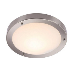 Luminosa Portico Bathroom Flush Ceiling Light Frosted Glass, Satin Nickel IP44, E27