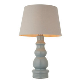 Luminosa Provence & Cici Base & Shade Table Lamp Blue Grey Glaze, Satin Nickel Plate & Grey Linen Fabric