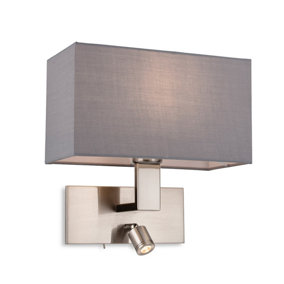 Luminosa Raffles Wall Lamp with Adjustable Switched Reading Light Brushed Steel with Grey Shade