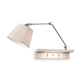 Luminosa Rex 1 Light Indoor Wall Light Light, Shelf & USB Port Chrome, Cream Shade and White Shelf, E27