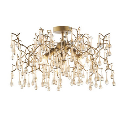 Luminosa Rimini 3 Light Ceiling Semi Flush Aged Gold Paint & Champagne Lustre Glass