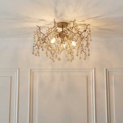 Luminosa Rimini 3 Light Ceiling Semi Flush Aged Gold Paint & Champagne Lustre Glass