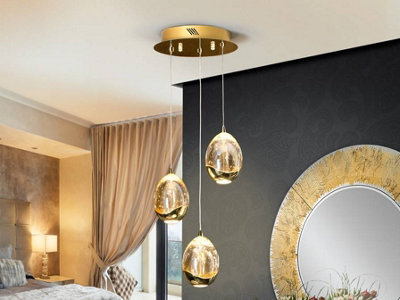 Luminosa Roc Integrated LED 3 Light Crystal Cluster Drop Ceiling Pendant Gold Bubble Effect