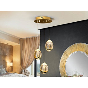 Luminosa Roc Integrated LED 3 Light Crystal Cluster Drop Ceiling Pendant Gold Bubble Effect