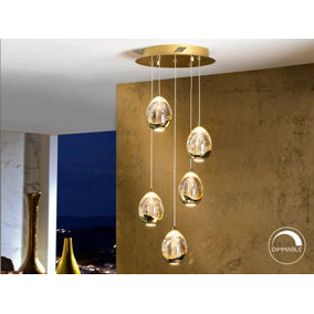 Luminosa Roc Integrated LED 5 Light Crystal Cluster Drop Ceiling Pendant Gold Bubble Effect