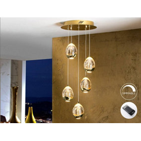 Luminosa Roc Integrated LED 5 Light Dimmable Crystal Cluster Drop Ceiling Pendant with Remote Control Gold