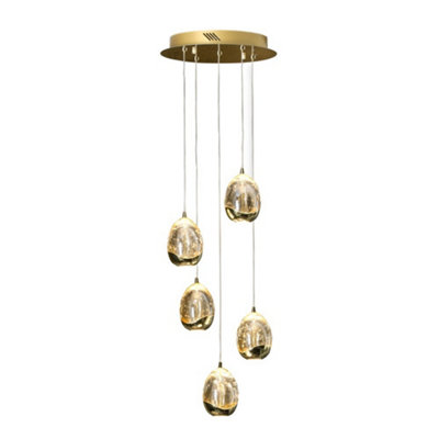 Luminosa Roc Integrated LED 5 Light Dimmable Crystal Cluster Drop Ceiling Pendant with Remote Control Gold