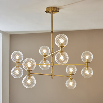 Luminosa Rome Multi Arm Pendant Ceiling Light Brushed Aged Brass Plate & Clear Glass 12 x 3.2W LED G9 Daylight White