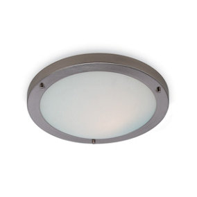 Luminosa Rondo 1 Light Flush Ceiling Light Brushed Steel, Opal Glass IP54, E27