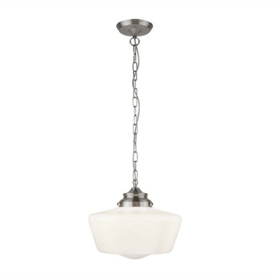 Luminosa School House 1 Light Pendant Satin Silver, White IP44, E27