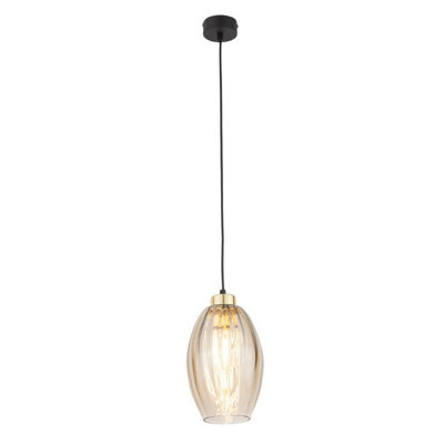 Luminosa Sebo Dome Pendant Ceiling Light Black, Amber Glass 1xE27