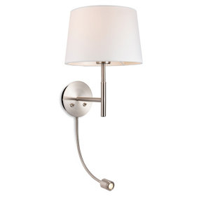 Luminosa Seymour Classic Switched Wall Lamp with Adjustable Reading Light Brushed Steel with Cream Shade