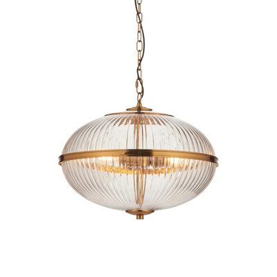 Luminosa Somerset Spherical Pendant Ceiling Light Vintage Brass Finish & Clear Ribbed Glass 3x E14