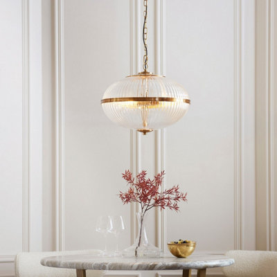 Luminosa Somerset Spherical Pendant Ceiling Light Vintage Brass Finish & Clear Ribbed Glass 3x E14