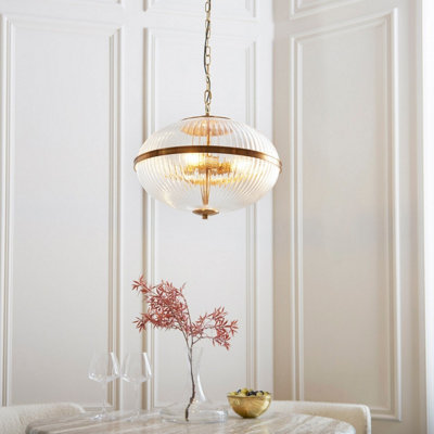 Luminosa Somerset Spherical Pendant Ceiling Light Vintage Brass Finish & Clear Ribbed Glass 3x E14