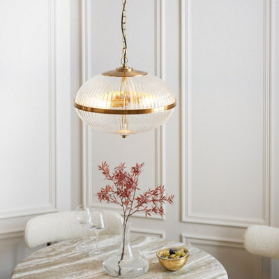 Luminosa Somerset Spherical Pendant Ceiling Light Vintage Brass Finish & Clear Ribbed Glass 3x E14