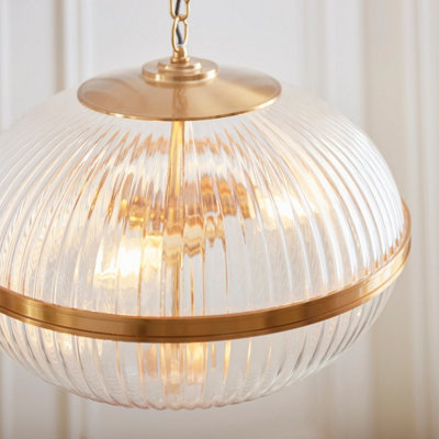Luminosa Somerset Spherical Pendant Ceiling Light Vintage Brass Finish & Clear Ribbed Glass 3x E14