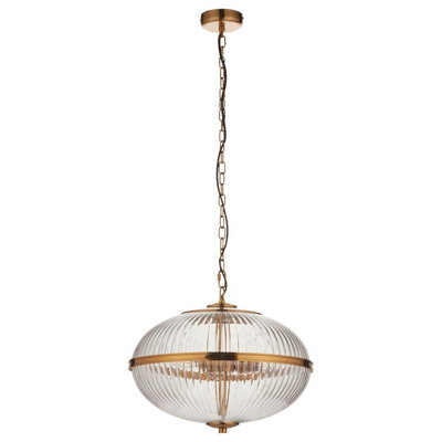 Luminosa Somerset Spherical Pendant Ceiling Light Vintage Brass Finish & Clear Ribbed Glass 3x E14