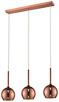 Luminosa Spring 3 Light Ceiling Pendant Bar Copper with Glass Shades, G9