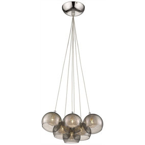 Luminosa Spring 6 Light Cluster Pendant Chrome, Smoked grey with Glass Shades, G9
