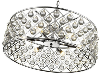 Luminosa Spring 6 Light Large Ceiling Pendant Chrome, Clear with Crystals, E14