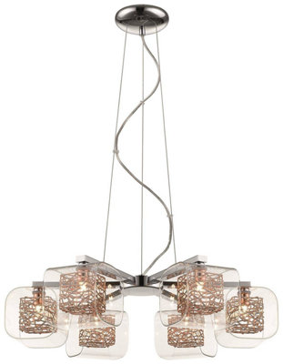 Luminosa Spring 6 Light Multi Arm Ceiling Pendant Mesh Chrome, Copper, Glass Six, G9