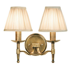 Luminosa Stanford 2 Light Indoor Twin Candle Wall Light Antique Brass with Beige Shades, E14