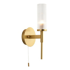 Luminosa Talo Bathroom Metal Wall Lamp, Satin Brass Plate, Ribbed Glass, IP44