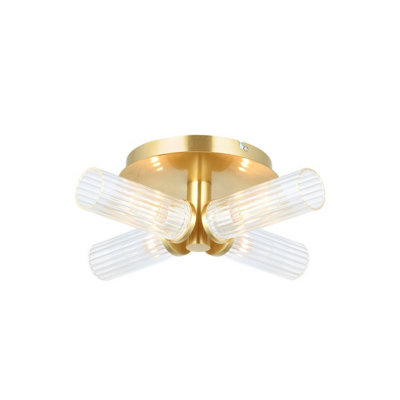Luminosa Talo Bathroom Multi Arm Glass Semi Flush Ceiling Lamp, Satin Brass Plate, Ribbed Glass, IP44