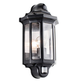 Luminosa Traditional PIR Outdoor Wall Lantern Satin Black Paint, Clear Polycarbonate IP44, E27