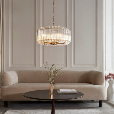 Luminosa Valentina Pendant Ceiling Light Brushed Aged Brass Plate & Clear Glass 5x E14